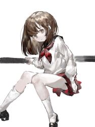  black_footwear black_sailor_collar brown_eyes brown_hair chinese_commentary closed_mouth commentary_request female highres invisible_chair light_smile long_hair long_sleeves miniskirt neckerchief original pleated_skirt red_neckerchief red_skirt sailor_collar school_uniform serafuku shirt shoes sitting skirt socks solo vihua6 white_shirt white_socks 