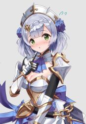  alternate_costume armor armored_dress blush chaki_(life_music_c) dress female flower genshin_impact gloves grey_hair hair_flower hair_ornament maid_headdress noelle_(genshin_impact) short_hair surprised 