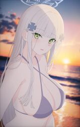  bikini blush breasts criss-cross_halter cross_hair_ornament female girls&#039;_frontline green_eyes grey_bikini grey_hair hair_ornament halo halterneck highres hk416_(girls&#039;_frontline) large_breasts long_hair looking_at_viewer open_mouth solo swimsuit tattoo teardrop_facial_mark teardrop_tattoo uchikata_takeaki 