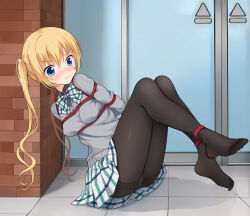  3: absurdres arms_behind_back black_pantyhose black_shirt blend_s blonde_hair blue_eyes blush bondage bondage bondage bound bound_ankles bow bowtie breasts closed_mouth collared_shirt commentary day embarrassed eyes_visible_through_hair feet feet_up female full_body grey_sweater hair_between_eyes highres hinata_kaho legs legs_together long_hair looking_ahead medium_breasts meitoku miniskirt no_shoes nose_blush outdoors panties panties_under_pantyhose pantyhose plaid_bow plaid_bowtie plaid_clothes plaid_skirt pleated_skirt public_indecency shirt sitting skirt solo sweatdrop sweater tearing_up tears thighband_pantyhose thighs toes twintails underwear v-shaped_eyebrows white_skirt 