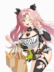  ;d aqua_nails bag baguette bare_shoulders black_jacket black_ribbon black_shorts black_thighhighs blue_nails bread breasts cleavage commentary_request crop_top cropped_jacket female food grey_background hair_ornament hair_ribbon hairclip hands_up highres jacket large_breasts long_hair long_sleeves looking_at_viewer micro_shorts midriff miyoushe_watermark mole mole_on_breast muhui nail_polish navel nicole_demara one_eye_closed open_mouth pink_hair purple_nails ribbon shopping_bag shorts simple_background single_thighhigh smile solo stomach strapless thighhighs thighs tube_top two_side_up variant_set very_long_hair yellow_eyes zenless_zone_zero 