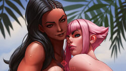  2girls artist_logo azuma_yasuo bare_shoulders black_hair blue_eyes brown_eyes cloud cloudy_sky commentary commission cornrows cropped dark-skinned_female dark_skin day english_commentary highres implied_nudity impossible_hair laura_matsuda leaf manon_legrand multiple_girls muscular muscular_female outdoors paid_reward_available pink_hair raised_eyebrows sexually_suggestive sky smile street_fighter street_fighter_6 street_fighter_v sunlight sweat toned toned_female yuri 