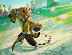  2024 absurd_res anthro biped claws dreamworks felid female fighting_pose fur gamgyuls gesture head_markings hi_res kung_fu_panda mammal markings master_tigress orange_body orange_fur pantherine petals plant pose solo standing striped_markings striped_tail stripes tail tail_markings tiger white_body white_fur yellow_eyes 