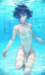  blue_eyes blue_hair bubble closed_mouth commentary_request female goggles highres kaoming looking_at_viewer nanjou_ao one-piece_swimsuit original pool_ladder see-through see-through_one-piece_swimsuit solo swim_goggles swimsuit underwater unworn_eyewear white_one-piece_swimsuit 