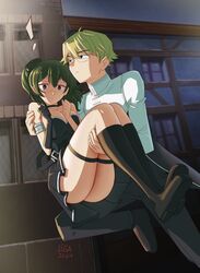  ! 1boy absurdres armlet artist_name black_dress black_footwear black_gloves black_pants blonde_hair blush boots breasts carrying choker closed_mouth commentary dated dress english_commentary female frown glasses gloves green_hair highres inisipis jacket land_(sousou_no_frieren) long_sleeves looking_at_viewer looking_to_the_side medium_breasts medium_hair night outdoors pants princess_carry purple_eyes running short_dress short_hair side_ponytail signature single_glove sleeveless sleeveless_dress sousou_no_frieren straight thigh_strap ubel_(sousou_no_frieren) white_jacket 