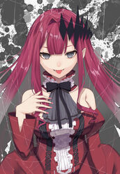  absurdres bao_(s_888) baobhan_sith_(fate) baobhan_sith_(first_ascension)_(fate) bare_shoulders black_bow bow breasts detached_sleeves dress fangs fate/grand_order fate_(series) female grey_background grey_eyes hair_ornament hand_on_own_chest hand_up highres looking_at_viewer nail_polish open_mouth pink_hair pink_nails pointy_ears red_dress sidelocks smile solo splatter_background tongue tongue_out upper_body white_background 