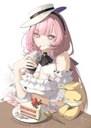  absurdres arm_under_breasts blue_eyes breasts cake cleavage cup dated drinking_straw elysia_(honkai_impact) elysia_(sweet_memories)_(honkai_impact) female food hat highres holding holding_cup homu_(honkai_impact) honkai_(series) honkai_impact_3rd large_breasts long_hair looking_at_viewer official_alternate_costume pink_hair pink_pupils pointy_ears simple_background smile solo strawberry_shortcake table tutou_jiang white_background white_hat 