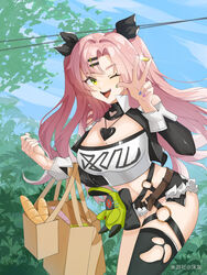  ;d aqua_nails bag baguette bare_shoulders black_jacket black_ribbon black_shorts black_thighhighs blue_nails blue_sky bread breasts cleavage commentary_request crop_top cropped_jacket day female food hair_ornament hair_ribbon hairclip hands_up highres jacket large_breasts long_hair long_sleeves looking_at_viewer micro_shorts midriff miyoushe_watermark mole mole_on_breast muhui nail_polish navel nicole_demara one_eye_closed open_mouth outdoors pink_hair purple_nails ribbon shopping_bag shorts single_thighhigh sky smile solo stomach strapless thighhighs thighs tube_top two_side_up very_long_hair yellow_eyes zenless_zone_zero 