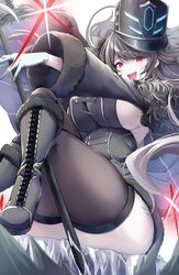  absurdres azur_lane black_coat black_footwear black_hair black_hat black_thighhighs blue_gloves boots breasts coat crossed_legs female floating_hair fur-trimmed_boots fur-trimmed_coat fur_trim gloves hat highres ice large_breasts leer.meer long_hair long_sleeves looking_at_viewer oerba_yun_fang open_mouth pamiat_merkuria_(azur_lane) pamiat_merkuria_(meta)_(azur_lane) peaked_cap red_eyes sideboob sitting skin_fang smile solo swept_bangs taut_clothes thighhighs white_gloves 