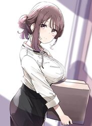  black_skirt blush box breast_rest breasts cardboard_box commentary_request female hair_bun highres holding holding_box looking_at_viewer myo-chan_sensei_wa_kaku_katariki nyoijizai pencil_skirt sasafune_miyoka shirt single_sidelock skirt smile solo white_shirt 