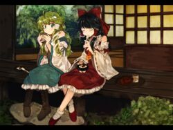  2girls ascot black_hair boots bow closed_eyes commentary cup detached_sleeves food frog_hair_ornament full_body green_eyes green_hair hair_ornament hair_ribbon hair_tubes hairbow hakurei_reimu japanese_clothes kochiya_sanae letterboxed long_hair long_sleeves looking_at_another melocoton miko multiple_girls ribbon shirt shoes side_handle_teapot sitting skirt skirt_set snake_hair_ornament socks spoon symbol-only_commentary teacup teapot touhou tray white_legwear wide_sleeves yunomi 