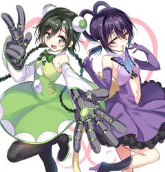  2girls :d :p armpits bad_id bad_pixiv_id bare_shoulders black_footwear black_hair black_legwear blush bow bowtie braid bug butterfly center_opening circle_skirt clothing_cutout dress elbow_gloves gloves green_dress green_eyes hair_rings high_heels highres hinata_kagari hinata_matsuri leg_up looking_at_viewer magical_girl mahou_shoujo_madoka_magica mahou_shoujo_suzune_magica mechanical_hands midriff multiple_girls navel open_mouth outstretched_arm outstretched_hand pantyhose purple_dress purple_gloves senri_gan shoes siblings simple_background single_mechanical_hand sisters smile standing standing_on_one_leg stomach_cutout thighhighs tongue tongue_out twintails v white_background 