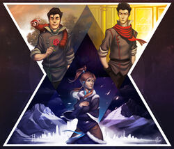  2boys animal animal_on_shoulder avatar_legends black_hair blue_eyes bolin breasts bridge brothers brown_hair city female flower fur_trim green_eyes hair_tubes hand_in_pocket highres korra long_hair love_triangle mako_(avatar) mountain multiple_boys pabu_(avatar) petals photoshop_(medium) ponytail red_panda republic_city rose sash scarf short_hair siblings sidelocks signature silver_tea_house sleeves_rolled_up snow tail the_legend_of_korra tree watermark web_address wind yellow_eyes 