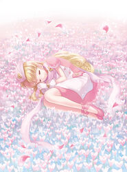  blonde_hair bracelet closed_eyes closed_mouth commentary_request dress female fetal_position field flats flower flower_field footwear_ribbon gloves hat jewelry long_hair lying magical_girl moai_(aoh) moriya_ririka nurse_angel nurse_angel_ririka_sos on_side petals photoshop_(medium) pink_dress pink_flower pink_footwear pink_hat pink_ribbon pink_scarf pink_skirt pink_theme puffy_short_sleeves puffy_sleeves ribbon scarf shoes short_sleeves skirt sleeping smile solo white_gloves 