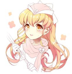  blonde_hair brooch commentary_request female hat heart heart_brooch jewelry long_hair magical_girl moriya_ririka nurse_angel nurse_angel_ririka_sos pingo pink_scarf scarf smile solo wand white_background yellow_eyes 