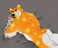  anthro ass bear big_muscles black_nose blue_eyes claws flexing fur looking_at_viewer looking_back lying male mammal manly muscular muscular_anthro muscular_male nude on_front orange_body orange_fur short_tail smile solo spots tail warm_colors white_body white_fur yamatopawa yellow_body yellow_fur 