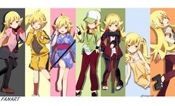  6+girls :d ;d araragi_karen araragi_karen_(cosplay) araragi_tsukihi araragi_tsukihi_(cosplay) bakemonogatari black_gloves blonde_hair commentary_request cosplay crowbar crutch fooring gaen_izuko gaen_izuko_(cosplay) gloves hanamonogatari hat headphones holding holding_crowbar hood hooded_jacket jacket japanese_clothes kagenui_yozuru kagenui_yozuru_(cosplay) kimono long_hair monogatari_(series) multiple_girls naoetsu_high_school_uniform nisemonogatari numachi_rouka numachi_rouka_(cosplay) oerba_yun_fang oikura_sodachi oikura_sodachi_(cosplay) one_eye_closed open_mouth oshino_ougi oshino_ougi_(cosplay) oshino_shinobu owarimonogatari pantyhose pink_shirt school_uniform shirt sleepwear sleeves_past_wrists smile track_suit twintails yellow_eyes 