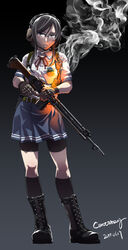  battle_rifle battlefield_(series) battlefield_3 bike_shorts black_background black_gloves black_hair commentary_request dated female glasses gloves gun headset highres holding holding_weapon howa_type_64 kamotama long_hair pleated_skirt rick_g_earth rifle sabae_shizuka school_uniform shorts shorts_under_skirt skirt solo twitter_username weapon 