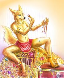  2017 amon_(rukis) anthro black_nose canid canine canis claws clothed clothing coin fur gold_(metal) gold_coin jackal jewelry male mammal muscular muscular_anthro muscular_male sellon smile solo topless treasure 