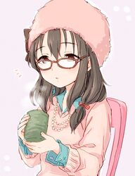  bad_id bad_pixiv_id black_hair brown_eyes commentary_request female fujiwara_hajime furorida glasses hat idolmaster idolmaster_cinderella_girls long_hair solo tea 