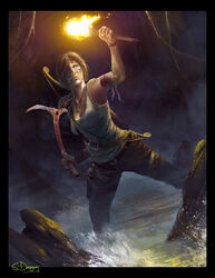  2013 bandages black_border blood blood_in_mouth border bow_(weapon) breasts brown_hair cave deep_wound dirty fire green_eyes highres injury jewelry lara_croft long_hair medium_breasts pendant pickaxe ponytail realistic signature sleeveless solo steven_donegani tank_top tomb_raider tomb_raider_(reboot) torch wading water weapon 