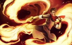  1boy avatar_legends black_hair commentary element_bending english_commentary fingerless_gloves fire gloves highres kicking mako_(avatar) male_focus pyrokinesis red_scarf scarf signature silver_tea_house sleeves_rolled_up solo the_legend_of_korra watermark web_address yellow_eyes 