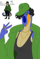  2024 5_fingers absurd_res anthro baseball_cap black_hair black_sclera blue_body blue_scales breasts cavemanon_studios cleavage clothed clothing digital_drawing_(artwork) digital_media_(artwork) dinosaur dizzy_(dizzy_weas) extinct eyelashes fan_character female fingers gesture green_eyes hair hand_gesture hat headgear headwear hi_res jacket jewelry looking_at_viewer male megalosaurid megalosaurus mtf_crossgender necklace nuar_come_mundos prehistoric_species reptile ring_(jewelry) rule_63 scales scalie sharp_teeth shirt short_hair simple_background smile snoot_game snout solo tan_body tan_scales tank_top teeth theropod topwear v_sign white_background yellow_body yellow_scales 