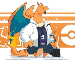  2023 abstract_background angry anthro anthrofied belly belt biped black_eyes black_necktie black_neckwear blouse blue_bottomwear blue_clothing blue_pants bottomwear bowsarthekoopa briefcase brown_belt brown_facial_hair brown_goatee brown_horn brown_tail charizard claws clothed clothing countershade_torso countershading digital_drawing_(artwork) digital_media_(artwork) dragon facial_hair fan_character feet fire flaming_tail frown frowney_face generation_1_pokemon goatee hi_res holding_note_pad holding_object horn male membrane_(anatomy) membranous_wings multicolored_horn multicolored_tail mythological_creature mythological_scalie mythology necktie nintendo note_pad orange_arms orange_background orange_face orange_feet orange_fingers orange_hands orange_horn orange_tail orange_wings pants pokemon pokemon_(species) pokemorph professor professor_c.harizard reptile scalie serious serious_face shirt signature simple_background solo standing tail tan_belly tan_body tan_chest tan_countershading tan_tail teeth topwear two_tone_horn white_background white_blouse white_claws white_clothing white_topwear wings 