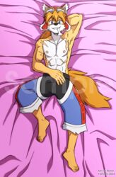  anthro bed body_pillow bone bottomwear canid canine canis clothing cyberconnect2 dakimakura dakimakura_design dakimakura_pillow dakimakura_pose dakimakura_style distracting_watermark domestic_dog furniture hat headgear headwear hi_res kemono little_tail_bronx male mammal muscular muscular_male pants pillow raxkiyamato red_savarin solatorobo solo watermark 