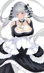  absurdly_long_hair absurdres azur_lane bare_shoulders between_breasts black_dress black_nails breasts cleavage clothing_cutout dress earrings female formidable_(azur_lane) frilled_dress frills grey_hair hand_on_own_chest highres jewelry kisahipi large_breasts long_hair looking_at_viewer nail_polish necktie necktie_between_breasts pantyhose red_eyes shoulder_cutout simple_background solo two-tone_dress two-tone_ribbon very_long_hair white_background white_pantyhose 