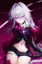  anklet arm_up bare_legs bare_shoulders belly black_choker black_gloves black_shorts bright_pupils chains choker corrupted_twitter_file cross female gloves groin hair_ornament haruka_(rsyaooooo) highres honkai_(series) honkai_impact_3rd jacket jewelry light_rays long_hair long_sleeves looking_at_viewer navel purple_eyes purple_ribbon red_background red_jacket red_ribbon ribbon ribbon_hair_ornament shorts simple_background single_bare_shoulder smile solo thelema_(honkai_impact) thighs very_long_hair white_hair white_pupils 