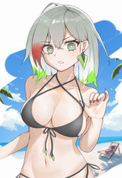  absurdres bikini black_bikini breasts cleavage colored_tips diabellstar_the_black_witch duel_monster earrings female front-tie_bikini_top front-tie_top green_eyes green_hair halterneck highres jewelry large_breasts looking_at_viewer medium_hair multicolored_hair nail_polish navel newminds ocean pale_skin side-tie_bikini_bottom snake-eyes_poplar solo string_bikini swimsuit yu-gi-oh! 