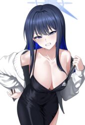  absurdres alternate_costume bad_id bad_pixiv_id black_dress black_hair blue_archive blue_eyes blue_hair blue_halo blush breasts cleavage clenched_teeth collarbone colored_inner_hair cowboy_shot dress female halo highres jacket large_breasts leaning_forward long_hair long_sleeves looking_at_viewer multicolored_hair open_clothes open_jacket saori_(blue_archive) sidelocks simple_background solo teeth tewaki white_background white_jacket 