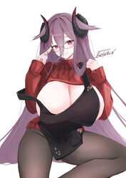  apron artist_name azur_lane black-framed_eyewear black_apron black_horns black_pantyhose breast_cutout breasts cleavage collared_sweater curled_horns female friedrich_carl_(a_game_of_love)_(azur_lane) friedrich_carl_(azur_lane) highres horns huge_breasts livetarica long_hair long_sleeves looking_at_viewer mole mole_on_breast official_alternate_costume pantyhose purple_eyes purple_hair rectangular_eyewear red_sweater semi-rimless_eyewear simple_background solo sweater very_long_hair white_background 