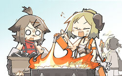  1boy 2girls arknights bag black_bag black_hair blonde_hair blowtorch blue_sky box brown_hair charcoal chest_sarashi choker closed_eyes commentary cooking cowboy_shot cutter_(arknights) demon_girl demon_horns fire food gloves grill grilling hair_ornament hairclip highres holding holding_box holding_skewer horns ifrit_(arknights) ifrit_(sunburn)_(arknights) jacket kebab konno_akikaze material_growth multiple_girls musical_note o_o official_alternate_costume open_mouth orange_choker oripathy_lesion_(arknights) outdoors pants red_shirt sarashi shirt short_hair short_ponytail skewer sky sleeveless sleeveless_shirt solid_circle_eyes spoken_musical_note thorns_(arknights) upper_body white_gloves white_jacket white_pants 