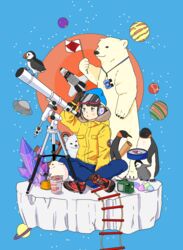  anchor bad_id bad_pixiv_id bear bird black_gloves blush chopsticks female flag flying_saucer gem gloves goggles goggles_on_head hand_up headphones highres indian_style ladder nissin_cup_noodle original penguin planet planetary_ring polar_bear puffin rabbit red_footwear shoes sitting space_shuttle spacecraft telescope ufo yoshimon 