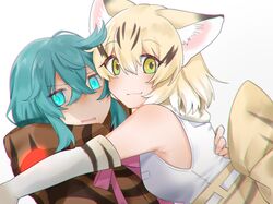  2girls :3 animal_ear_fluff animal_ears animal_print back_bow bare_shoulders blonde_hair blue_eyes blue_hair bow bowtie cat_ears cat_girl cat_print elbow_gloves gloves hair_between_eyes high-waist_skirt highres hood hood_down hoodie hug isobee kemono_friends multiple_girls neck_ribbon pink_ribbon print_bow print_gloves print_skirt ribbon sand_cat_(kemono_friends) shirt short_hair skirt sleeveless snake_print tsuchinoko_(kemono_friends) white_shirt yellow_eyes 