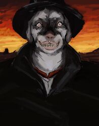  anon2000000 anthro black_clothing blood_meridian canid canine canis clenched_teeth clothed clothing cormac_mccarthy cowboy_hat creepy creepy_face desert detailed_background digital_media_(artwork) digital_painting_(artwork) domestic_dog fangs female fur hat headgear headwear hi_res jacket judge_holden looking_at_viewer mammal necktie outside pink_eyes pink_nose pit_bull portrait red_sky shirt sky smile solo sunset teeth topwear white_body white_fur white_skin wide_eyed 