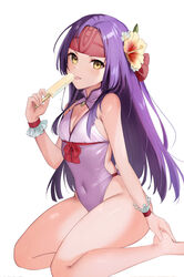  :p alternate_costume bare_legs bare_shoulders barefoot breasts casual_one-piece_swimsuit cleavage commentary female fire_emblem fire_emblem:_radiant_dawn flower food groin hair_flower hair_ornament hand_up haru_(nakajou-28) headband highres holding holding_food long_hair looking_at_viewer one-piece_swimsuit popsicle purple_hair purple_one-piece_swimsuit sanaki_kirsch_altina seiza shawl simple_background sitting solo swimsuit thighs tongue tongue_out very_long_hair white_background yellow_eyes yellow_flower 