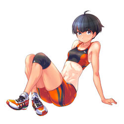  abs ahoge arm_support armpits bare_shoulders bike_shorts black_eyes black_hair black_sports_bra blunt_bangs breasts closed_mouth commentary crossed_ankles expressionless female fujisawa_takashi highres knee_brace looking_at_viewer midriff navel orange_footwear orange_shorts orange_sports_bra original raised_eyebrows shoes short_hair shorts simple_background sitting small_breasts sneakers solo sports_bra track_and_field white_background white_footwear 