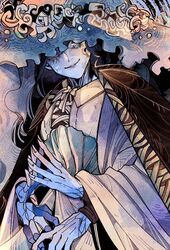  bad_id bad_twitter_id black_cloak blue_eyes blue_hair blue_headwear blue_skin cloak closed_mouth colored_skin commentary cowboy_shot drenched-in-sunlight elden_ring english_commentary extra_arms female long_hair looking_at_viewer multiple_hands one_eye_closed ranni_the_witch robe smile solo standing white_robe 