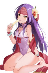  :p alternate_costume bare_legs bare_shoulders barefoot breasts casual_one-piece_swimsuit cleavage commentary female fire_emblem fire_emblem:_radiant_dawn flower food groin hair_flower hair_ornament hand_up haru_(nakajou-28) headband highres holding holding_food long_hair looking_at_viewer one-piece_swimsuit popsicle purple_hair purple_one-piece_swimsuit sanaki_kirsch_altina seiza shawl simple_background sitting solo swimsuit thighs tongue tongue_out very_long_hair white_background yellow_eyes yellow_flower 