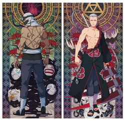  2boys akatsuki_uniform amulet bad_id bad_pixiv_id black_hair dark-skinned_male dark_skin floral_background flower green_eyes grey_hair heart_(organ) hidan_(naruto) highres kakuzu_(naruto) multiple_boys naruto naruto_(series) o_nigi_ri pink_eyes red_flower scythe skull spider_lily stitches tendril torn_clothes 