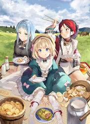  3girls :q :t beret between_legs biscuit_(bread) black_hair blanket blonde_hair blue_eyes blue_hair boots bottle bow braid bucket character_request cheese chopsticks circle_skirt cloud cloudy_sky commentary_request day dress eating field food frilled_dress frills gilse grass green_dress green_eyes hair_over_shoulder hand_between_legs hat hat_bow head_scarf highres holding holding_plate honey jewelry juliet_sleeves light_blue_hair long_hair long_sleeves looking_at_viewer mia_luna_tearmoon milk milk_bottle milk_churn mooncake multiple_girls necklace novel_illustration official_art outdoors pants pantyhose picnic pink_bow plate puffy_sleeves rafina_orca_belluga sandwich short_hair sidelocks single_braid sitting sky smile tearmoon_teikoku_monogatari tongue tongue_out white_footwear white_legwear white_pants wooden_bucket yellow_headwear 