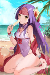  :p alternate_costume bare_legs bare_shoulders barefoot beach blue_sky breasts casual_one-piece_swimsuit cleavage cloud commentary day female fire_emblem fire_emblem:_radiant_dawn flower food groin hair_flower hair_ornament hand_up haru_(nakajou-28) headband highres holding holding_food long_hair looking_at_viewer one-piece_swimsuit outdoors popsicle purple_hair purple_one-piece_swimsuit sanaki_kirsch_altina seiza shawl sitting sky solo swimsuit thighs tongue tongue_out very_long_hair yellow_eyes yellow_flower 