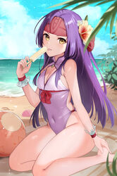  :p alternate_costume bare_legs bare_shoulders barefoot beach blue_sky breasts casual_one-piece_swimsuit cleavage cloud commentary day female fire_emblem fire_emblem:_radiant_dawn flower food groin hair_flower hair_ornament hand_up haru_(nakajou-28) headband highres holding holding_food long_hair looking_at_viewer one-piece_swimsuit outdoors popsicle purple_hair purple_one-piece_swimsuit sanaki_kirsch_altina seiza shawl sitting sky solo swimsuit thighs tongue tongue_out very_long_hair yellow_eyes yellow_flower 