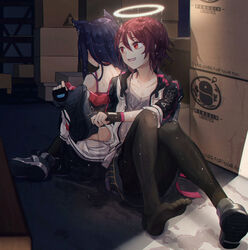  2girls animal_ears arknights black_bra black_gloves black_hair black_pantyhose box bra cardboard_box commentary exusiai_(arknights) feet fingerless_gloves gloves halo highres jacket long_hair long_sleeves multicolored_clothes multicolored_jacket multiple_girls open_clothes open_jacket open_mouth pantyhose penguin_logistics_logo photoshop_(medium) red_bra red_eyes red_hair see-through shirt shoes short_hair single_shoe sitting smile texas_(arknights) two-tone_jacket underwear unworn_shoes wet wet_clothes wet_hair wet_jacket wet_shirt white_jacket wolf_ears xiao_fatiao 