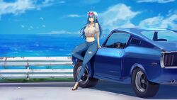  absurdres ahoge alternate_costume black_footwear blue_hair breasts car cloud crop_top denim elf eyewear_on_head female flower ford ford_mustang ford_mustang_(1st_generation) hair_behind_ear hair_flower hair_ornament heart heart_ahoge highres hololive jeans large_breasts leaning_back long_hair motor_vehicle muscle_car navel ocean outdoors pants pointy_ears sky smile solo sunglasses toren_2p2t vehicle_focus virtual_youtuber yellow_eyes yukihana_lamy 