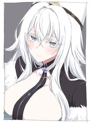  azur_lane black_necktie blush breasts commentary dress eyelashes female fur_trim grey_eyes hair_between_eyes hat large_breasts long_hair looking_at_viewer necktie protected_link sbs simple_background smile solo sovetsky_soyuz_(azur_lane) upper_body white_hair white_hat 