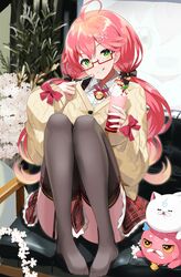  2girls 35p_(sakura_miko) :q absurdres ahoge alternate_hairstyle bell black_legwear buttons feline flower food food_on_face glasses green_eyes hair_ornament hairclip highres hololive kintoki_(sakura_miko) long_hair long_sleeves looking_at_viewer mikodanye multiple_girls official_alternate_costume open_mouth pink_hair red-framed_eyewear sakura_miko sakura_miko_(casual) satobitob sitting skirt spoon thighhighs tongue tongue_out virtual_youtuber 